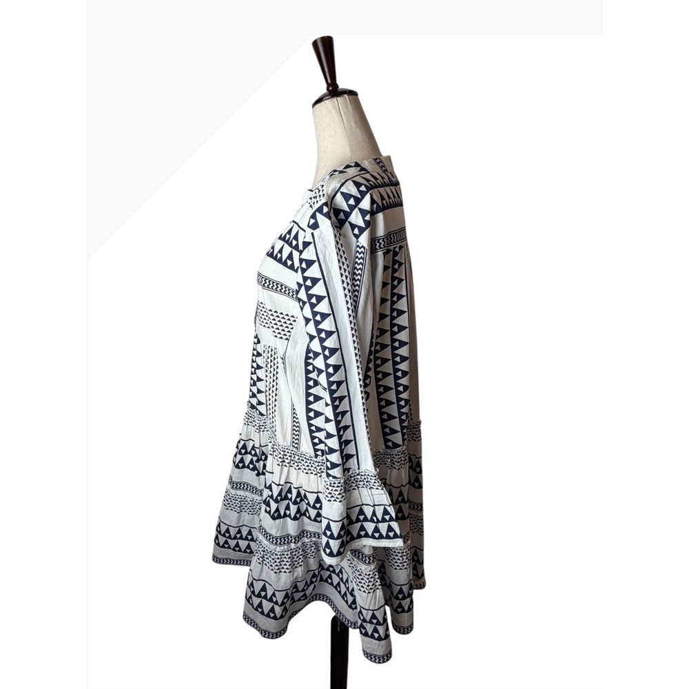 Bindu Anthropologie Geometric Tribal Tiered Mini Dress Women Medium Blue White - Picture 7 of 11